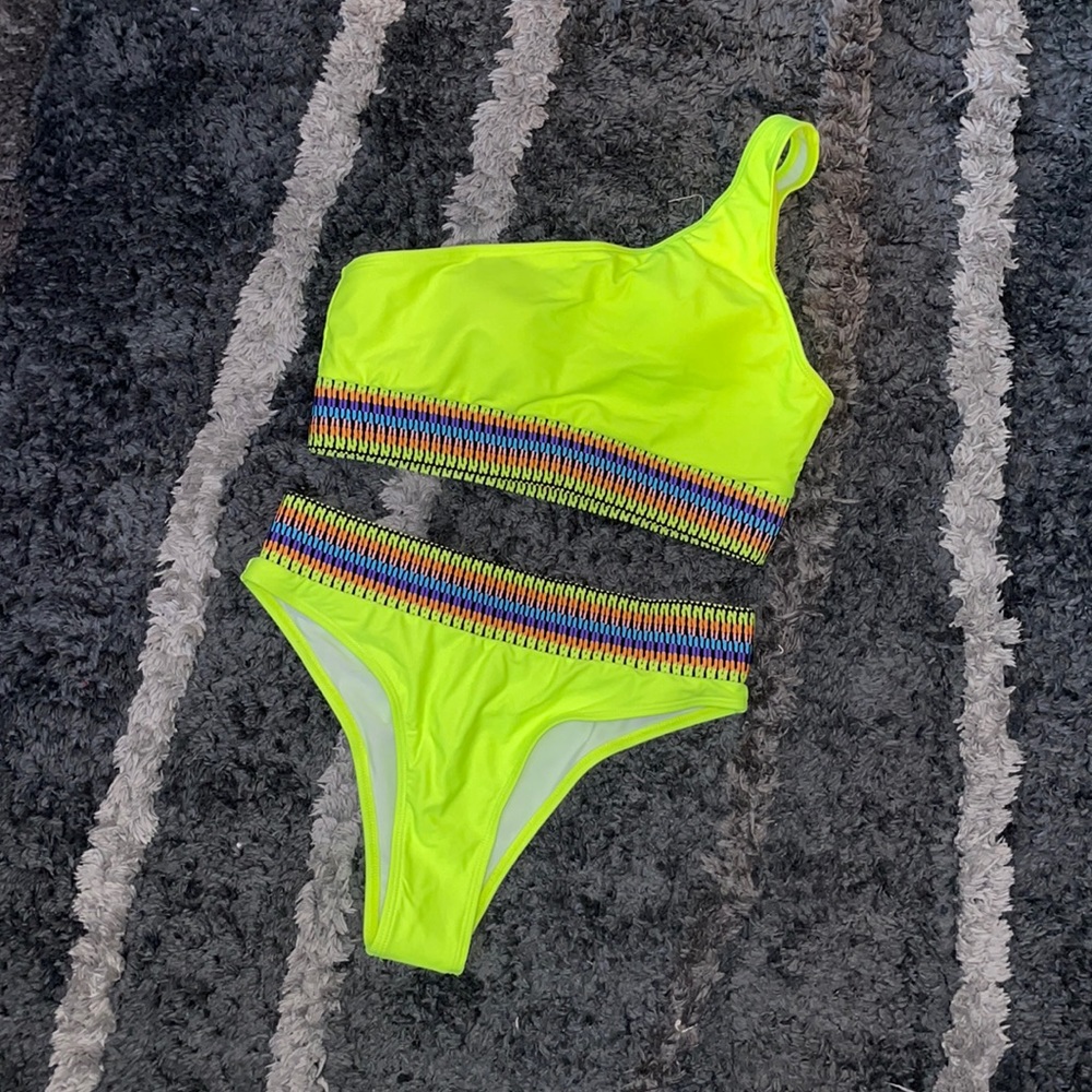 shein neon lime one shoulder bikini swimsuit